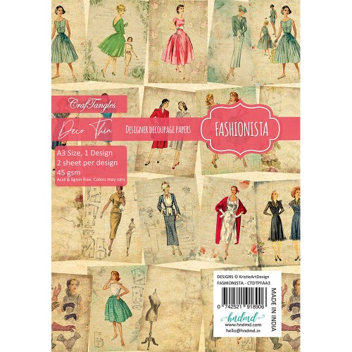 CrafTangles Deco Thin Decoupage Paper A3 (45 gsm) - Fashionista - 2 sheets