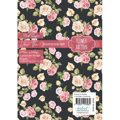 CrafTangles Deco Thin Decoupage Paper A3 (45 gsm) - Flower Pattern - 2 sheets