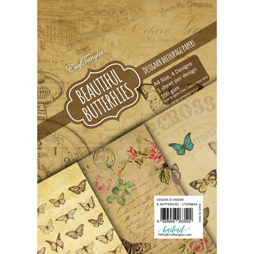 CrafTangles Decoupage Paper Pack  - Beautiful Butterflies (A4) - 4 sheets
