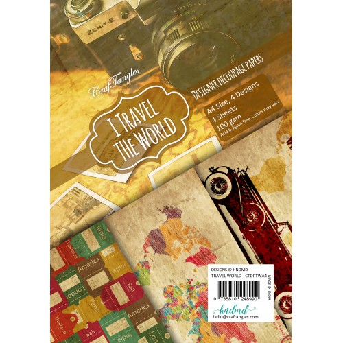 CrafTangles Decoupage Paper Pack  - I Travel the World (A4) - 4 sheets