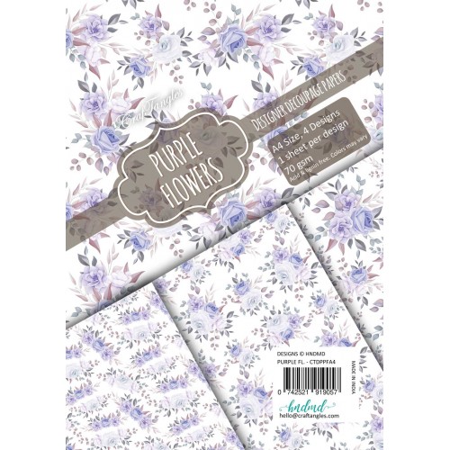 CrafTangles Decoupage Paper Pack  - Purple Flowers (A4) - 4 sheets