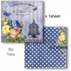 Papericious Decoupage Paper Pack  - Blue Roses (6 by 6 inch) - 3 sheets