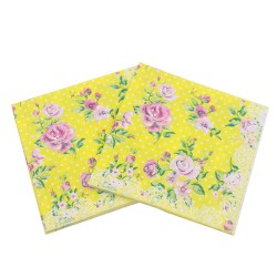 A pack of 12 by 12 inch Decoupage Napkins(5 pcs)  - Florals with Polka dot Background (Yellow)