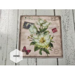 A pack of 12 by 12 inch Decoupage Napkins / Decoupage Tissues (5 pcs)  - Vintage flowers with stamps