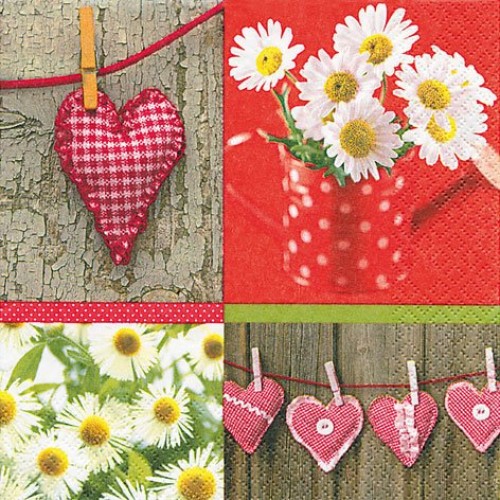 A pack of 12 by 12 inch German Decoupage Napkins ( 5 pcs )  - Hearts and Daisies