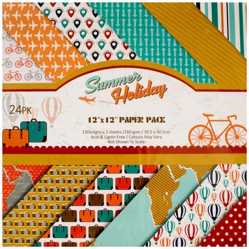 Scrapbook 12 by 12 inch paper pack - Summer Holiday (Set of 24 sheets)