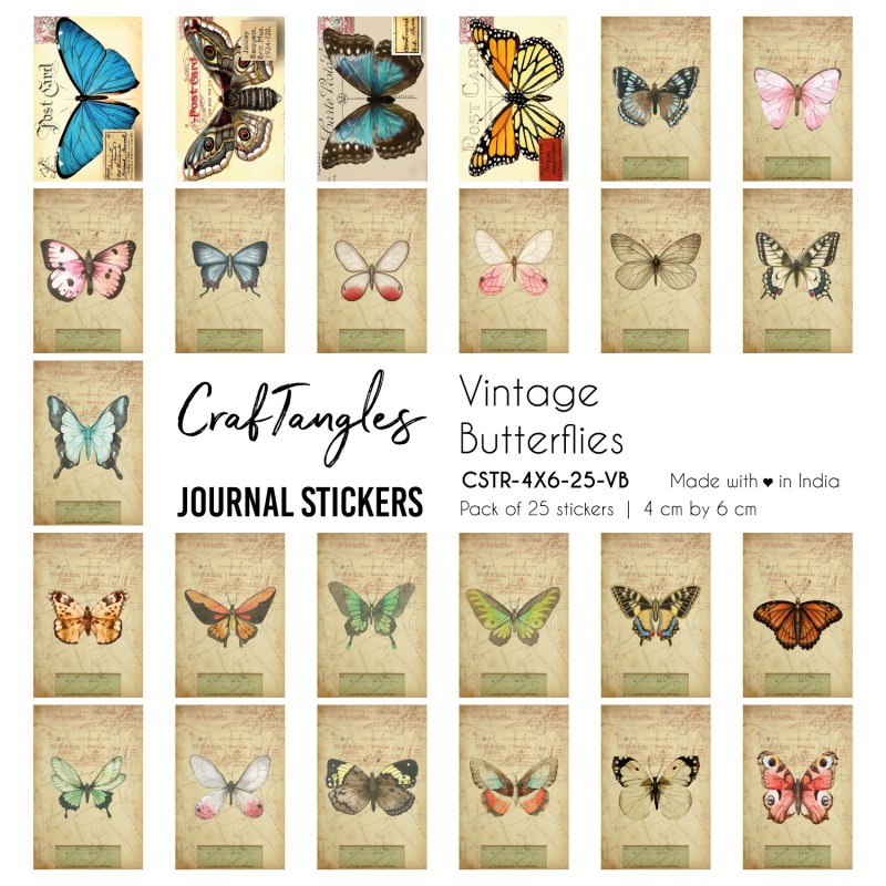 CrafTangles Journal Stickers 4 by 6 cm (Pack of 25 designs) - Vintage  Butterflies