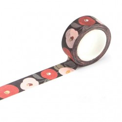 Red and pink Flowers on black BG - Japanese Washi Tape